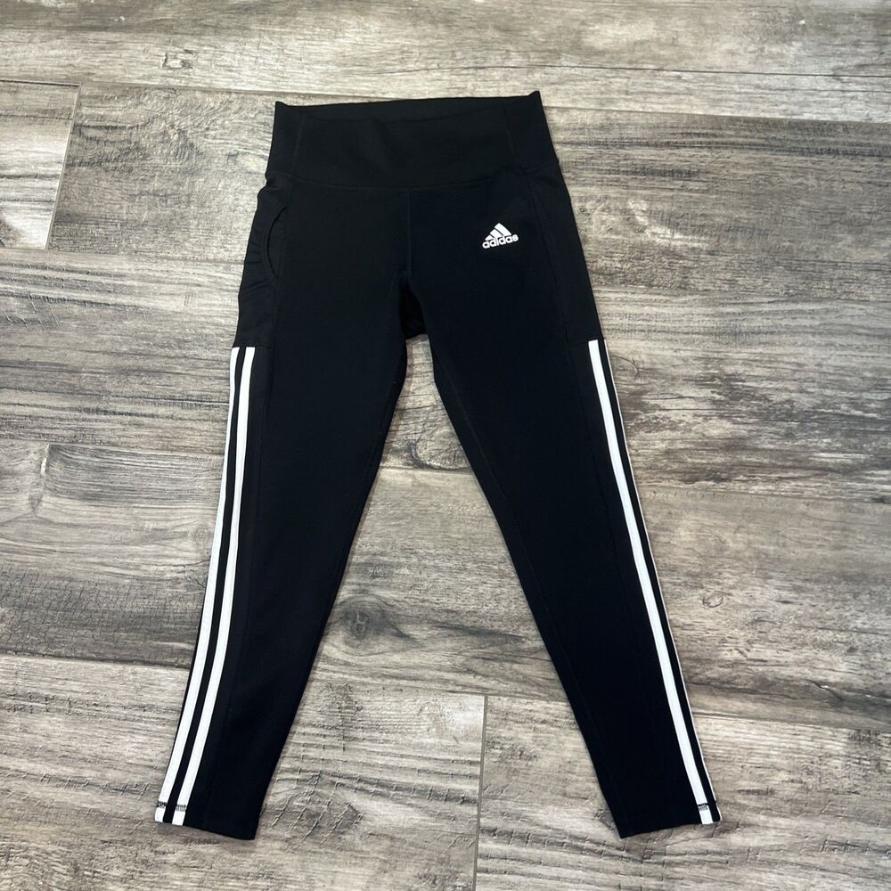 Adidas AEROREADY Women Black Striped Ankle Leggings High Rise Sz M #18 Gym
